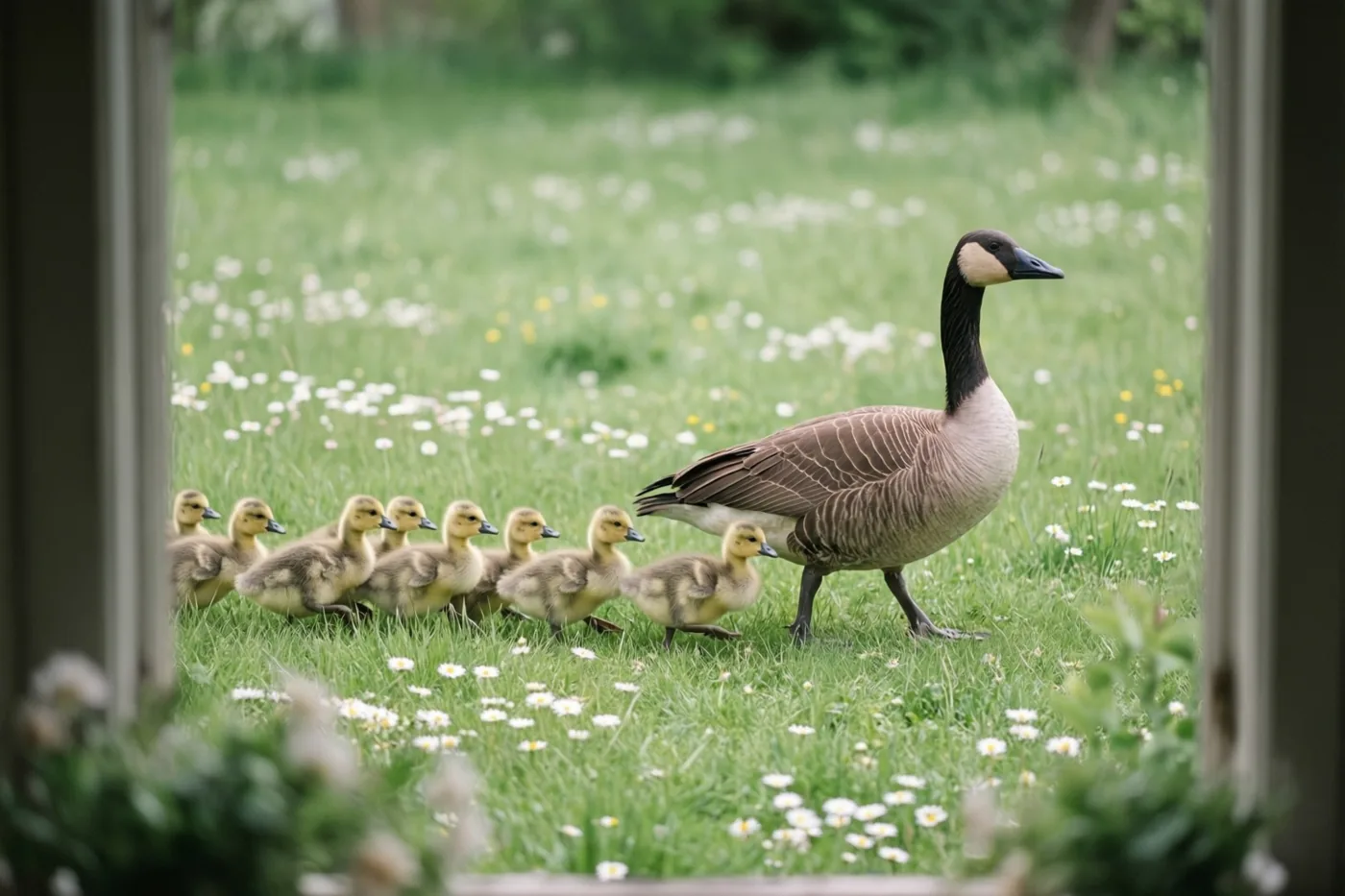 Door een raam is een moedergans te zien die een rij donzige kuikens door een groene weide met witte madeliefjes leidt.