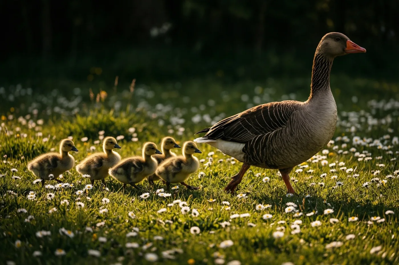 Een moedergans leidt vijf donzige kuikens door een weide met madeliefjes in goudkleurig zonlicht.