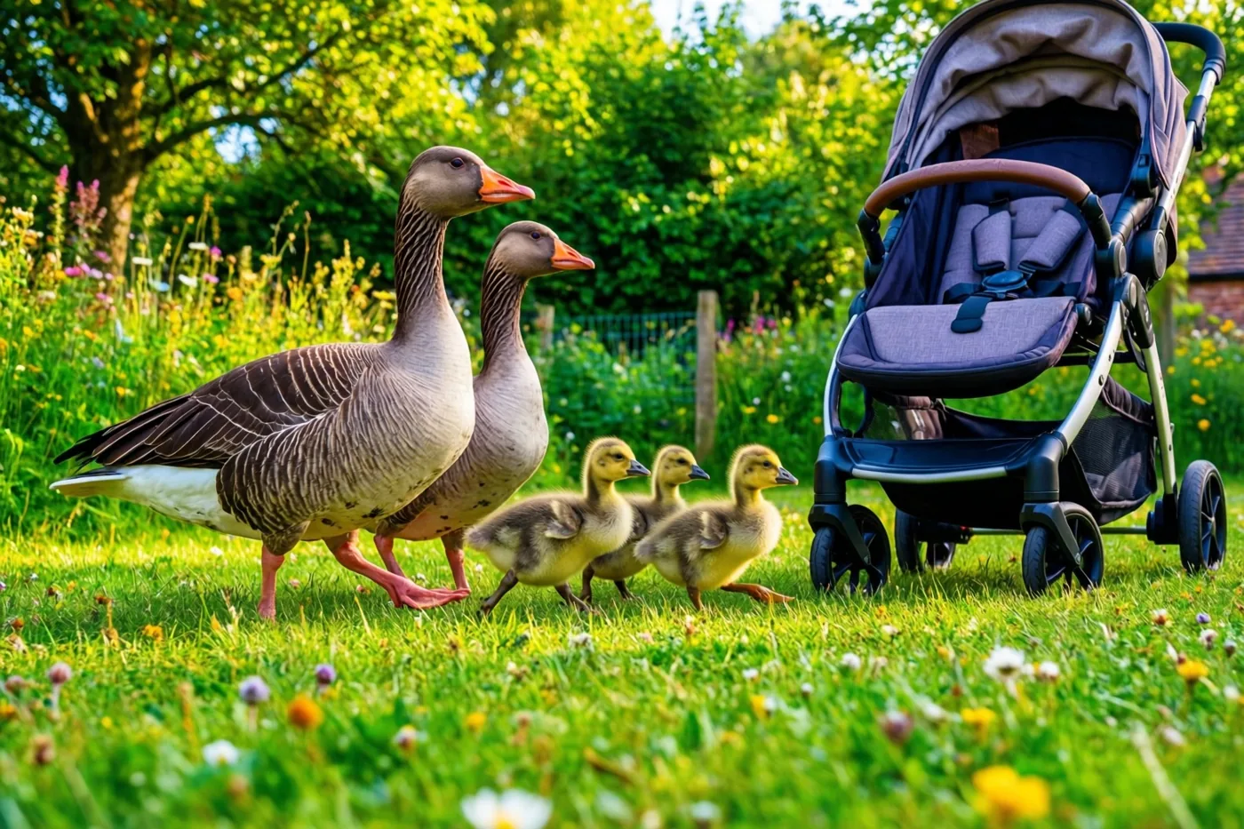Een ganzenfamilie met drie kuikens loopt door een zonnig grasveld met wilde bloemen langs een geparkeerde buggy in een groen park met bomen en bloemen.