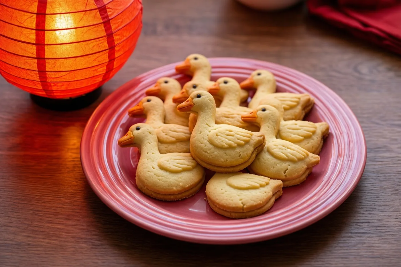 Een bord boterkoekjes in de vorm van ganzen staat op een houten tafel naast een gloeiende rode papieren lantaarn, in warm licht.