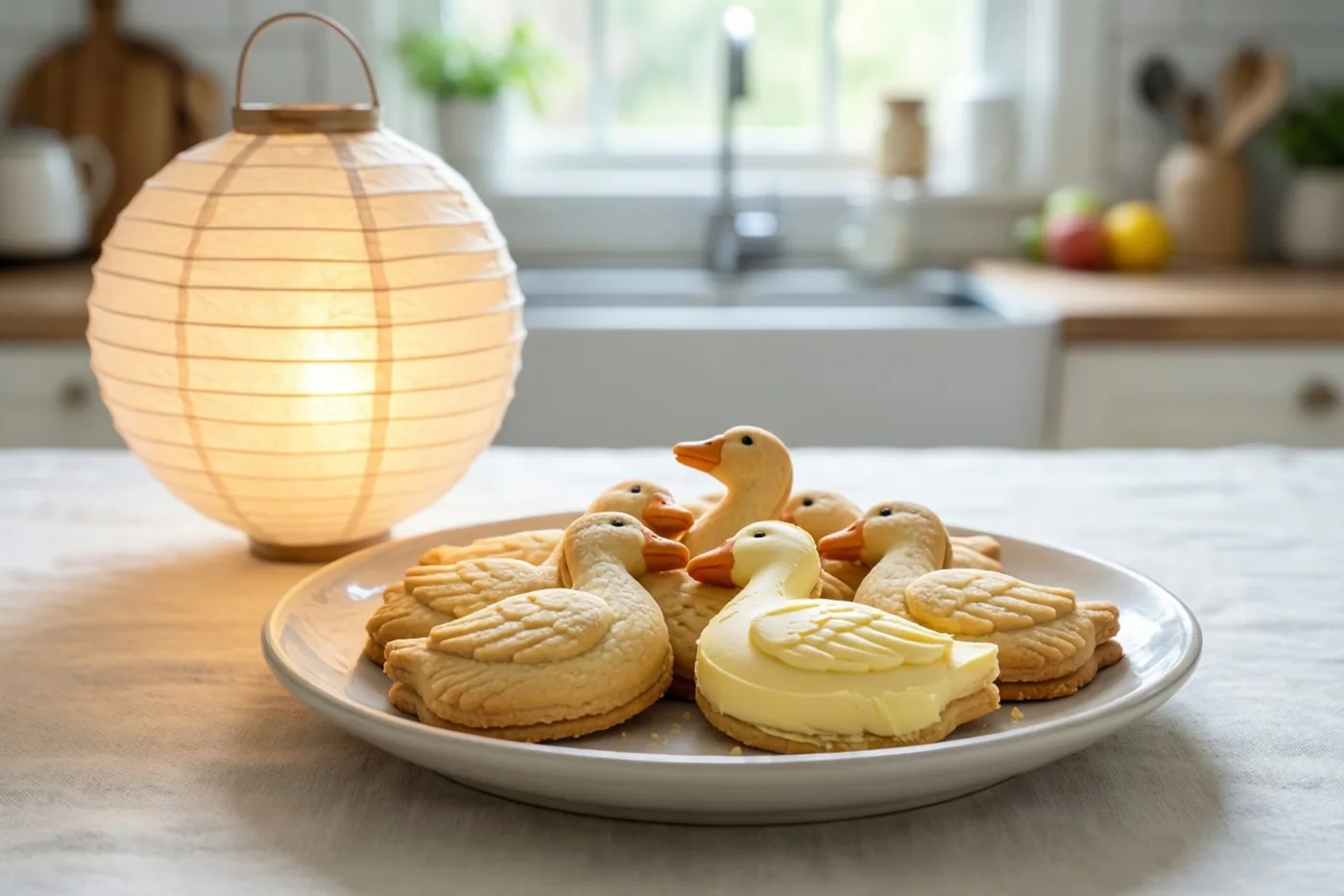 Een bord boterkoekjes in de vorm van ganzen staat op een keukentafel naast een lichtgevende papieren lantaarn, met zacht daglicht uit een raam op de achtergrond.