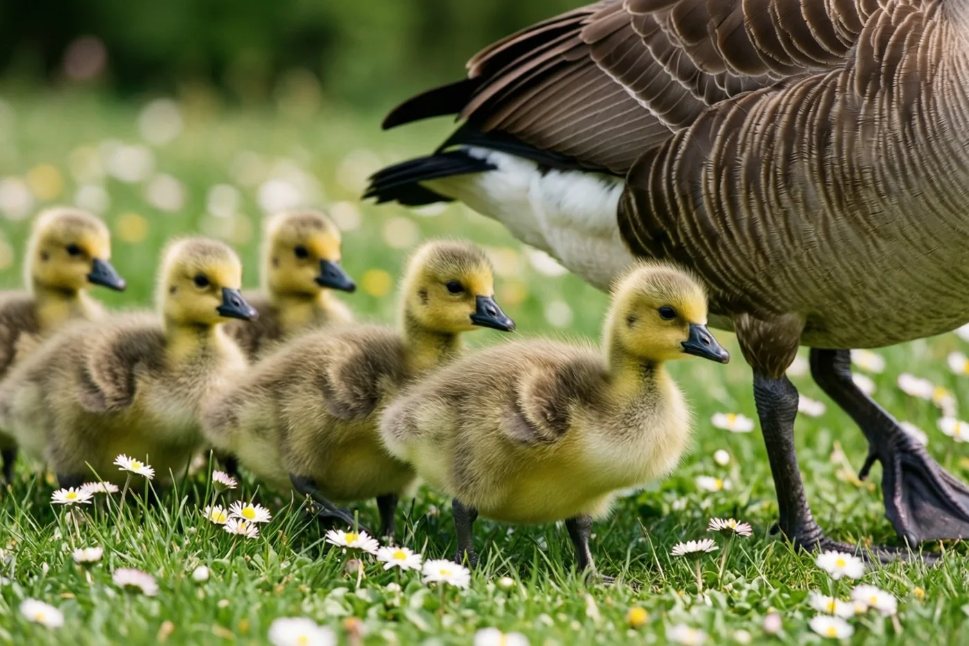 Een moedergans leidt een rij donzige gele kuikens door heldergroen gras met witte madeliefjes.