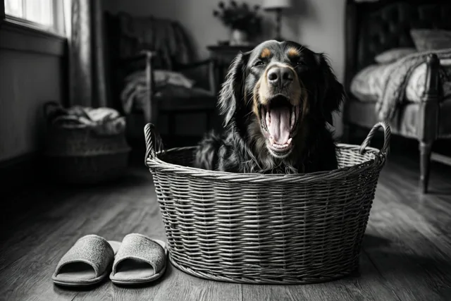 Op deze zwart-witfoto zit een hond breed te gapen in een rieten mand op een houten vloer, met een paar pantoffels ernaast in een zacht verlichte kamer.