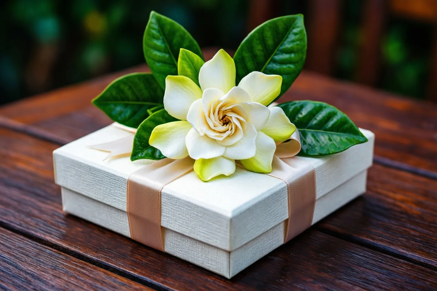Een witte gardenia met groene bladeren ligt op een witte geschenkdoos met een beige satijnen lint op een donkere houten tafel.