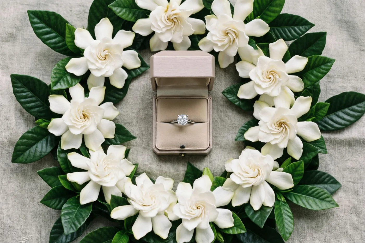 Een open doosje met een ring met één diamant staat binnen een krans van witte gardenia’s en groene bladeren op een linnen doek in zacht daglicht.