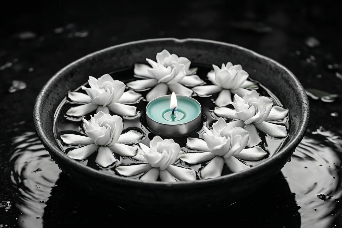 Witte gardenia’s en een brandend theelichtje drijven op donker water in een donkere schaal, met een zacht blauwgroene tint in de kaarsvlam.