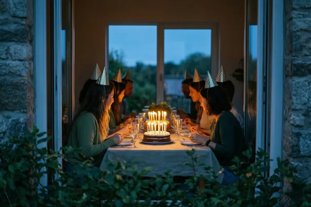 Mensen met papieren feesthoedjes zitten in de schemering rond een lange tafel en kijken naar een verjaardagstaart met brandende kaarsjes, bij warm licht uit een ruimte met stenen muren en groen op de voorgrond.