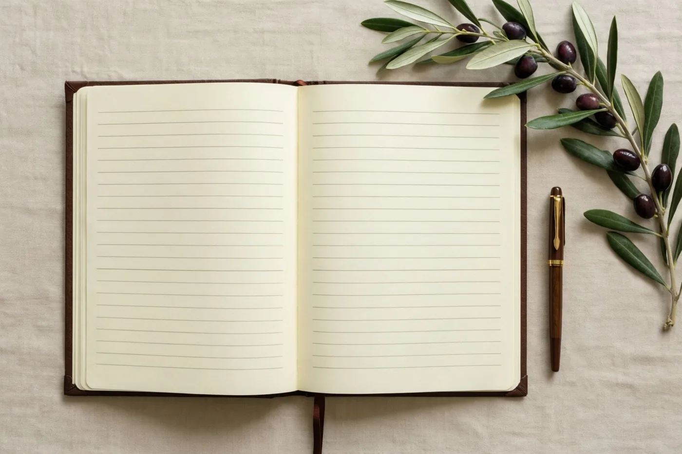 Een opengeslagen gastenboek met onbeschreven gelijnde bladzijden ligt op beige linnen naast een houten pen en een olijftakje met donkere olijven.