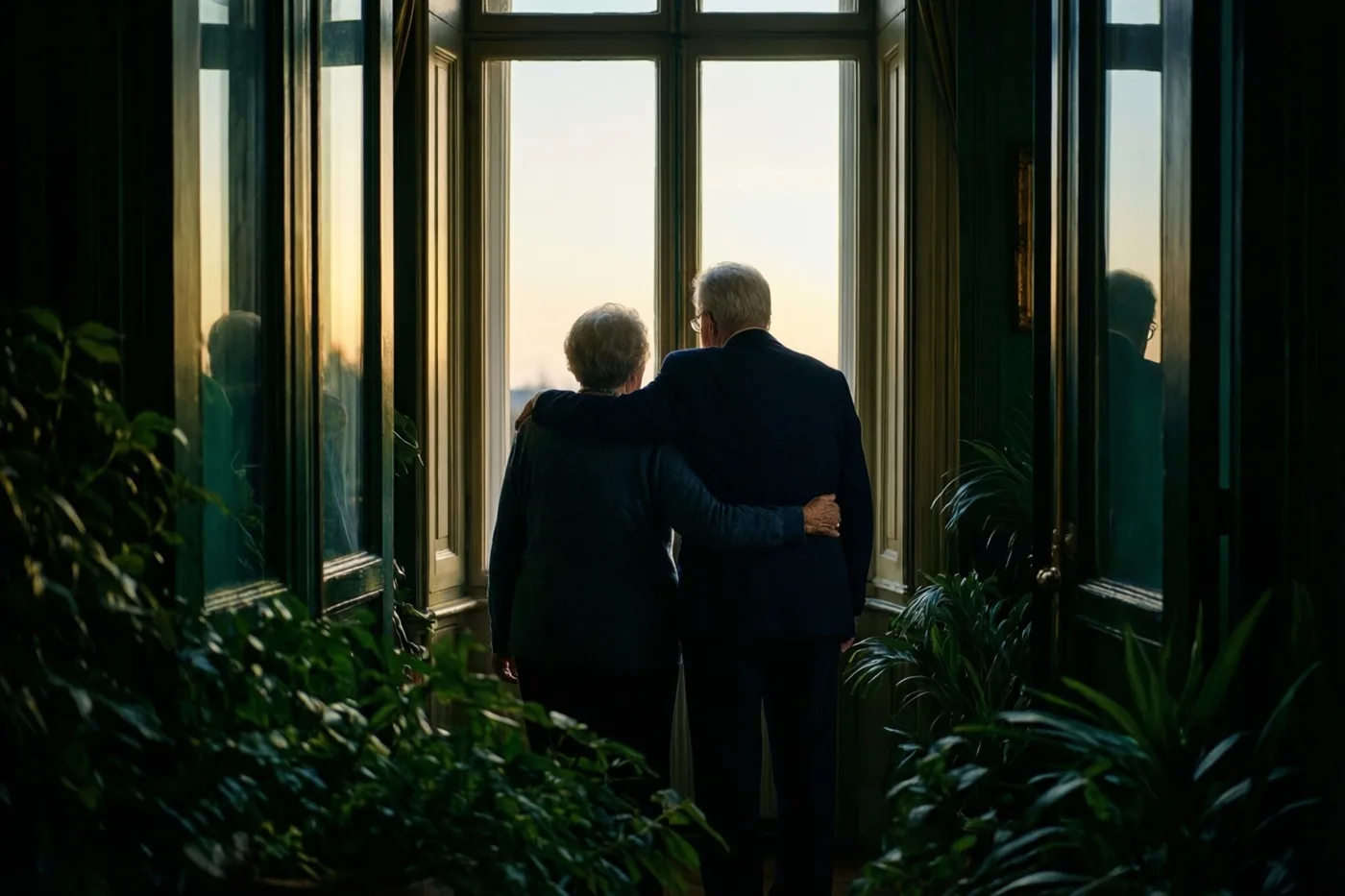 Een ouder koppel staat gearmd met de rug naar de kijker voor een hoog raam bij schemering, omringd door donker hout en groene planten, terwijl de ondergaande zon hun silhouetten verlicht.