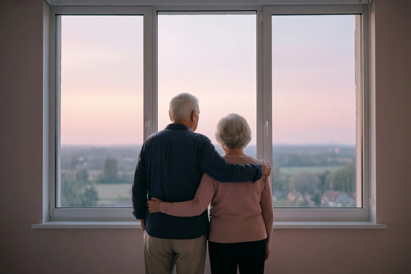 Een ouder koppel staat gearmd met de rug naar de kijker voor een hoog raam en kijkt uit op een landschap in de schemering, in zachte roze en perziktinten.