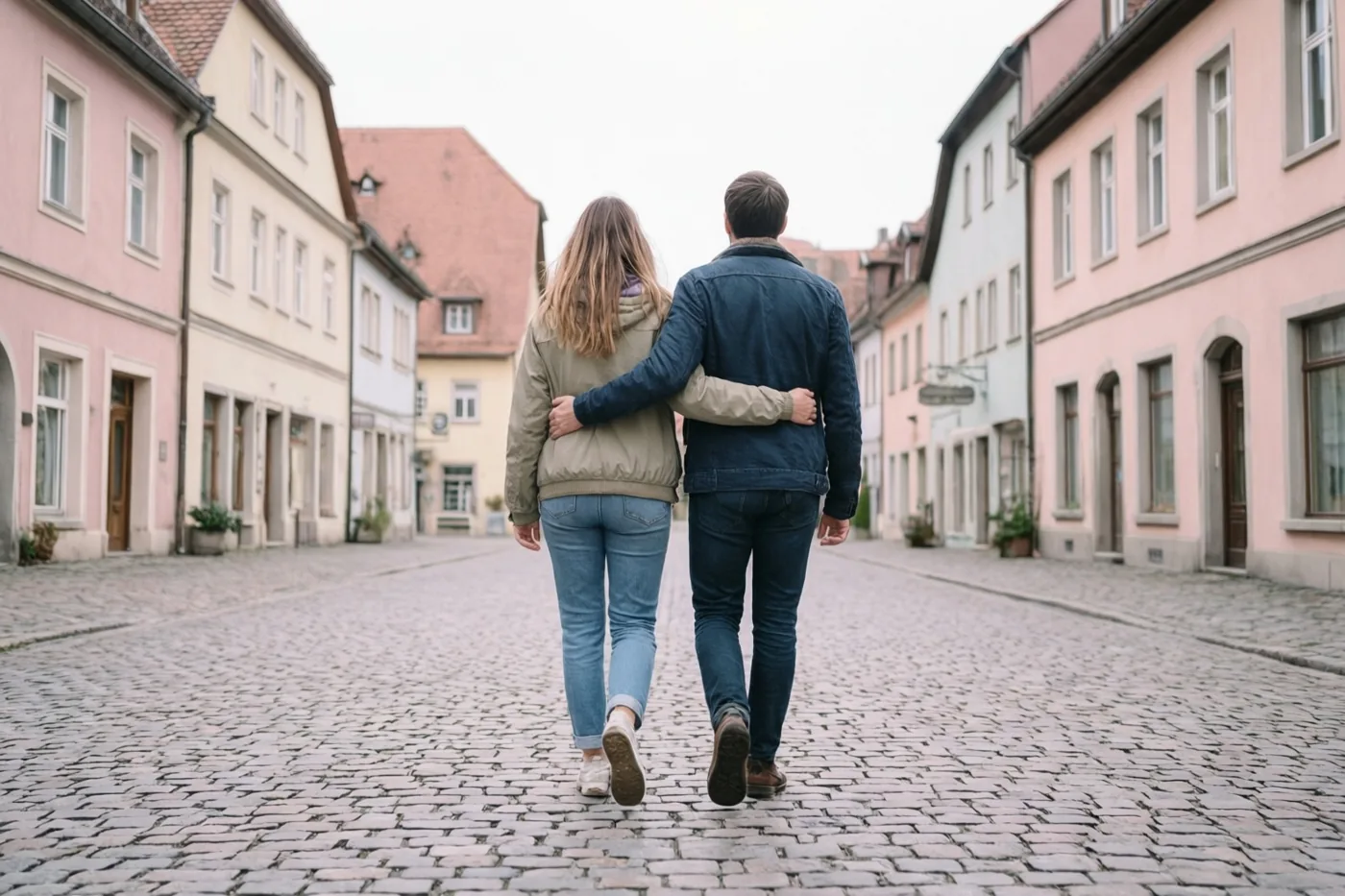 Twee mensen wandelen van de kijker weg, arm in arm door een kasseistraat met pastelkleurige dorpshuizen in zacht, gedempt licht.