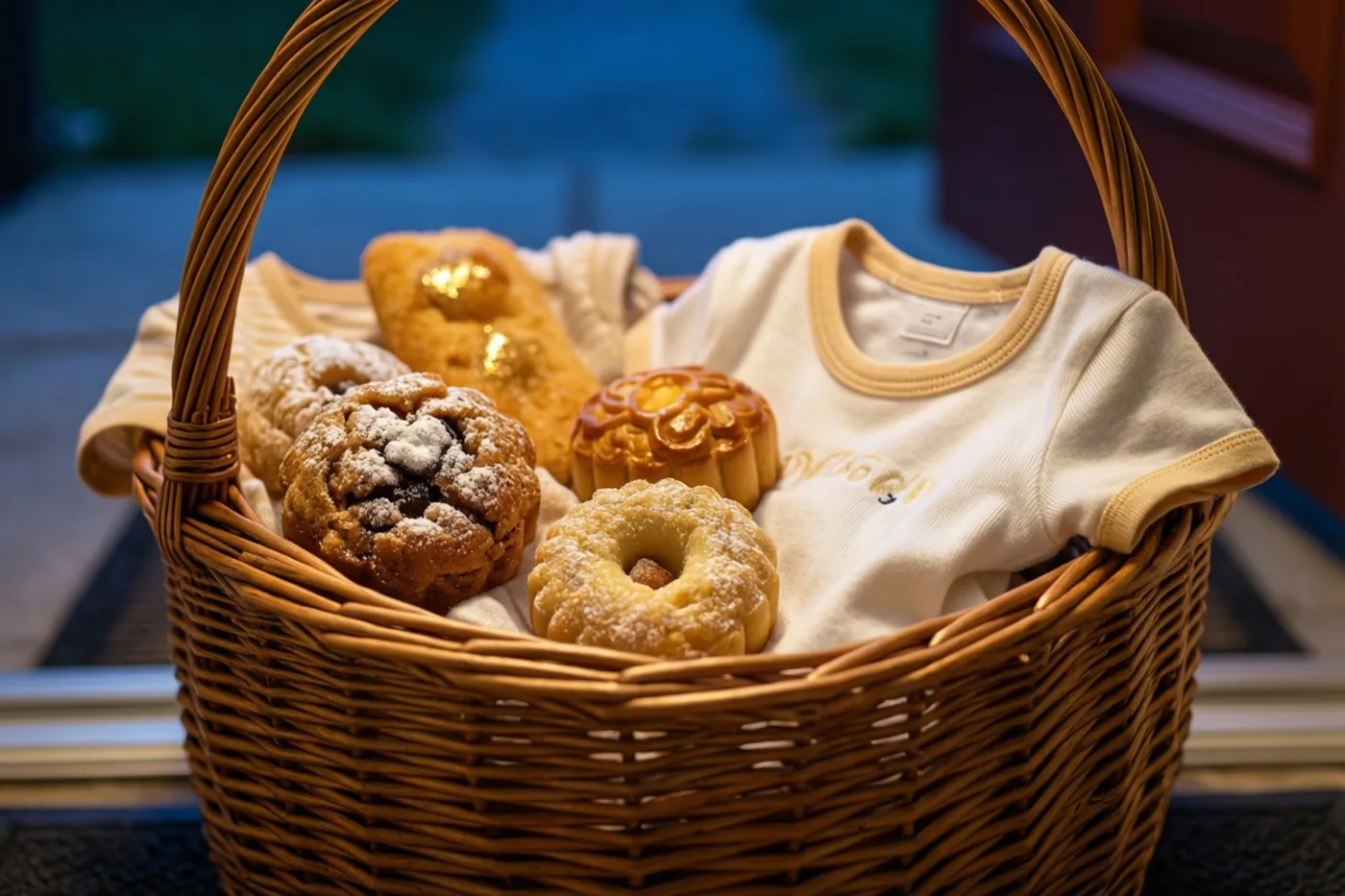 Een rieten mand met verschillende gebakjes en een babybody staat op een warm verlichte deurdrempel in bruine, crèmekleurige en goudgele tinten.