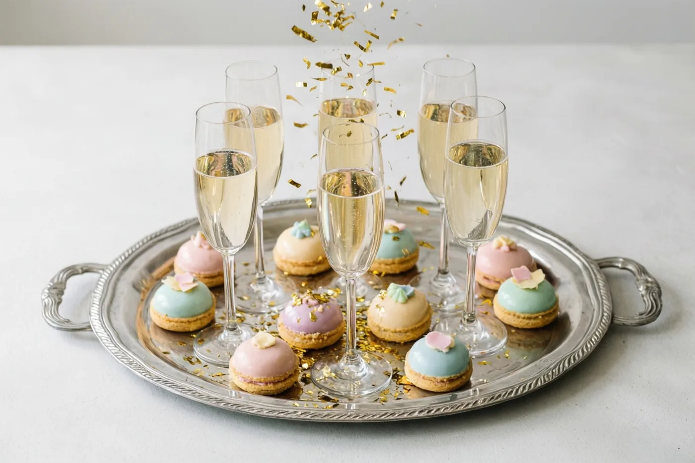 Een zilveren dienblad met champagneglazen en pastelgebakjes staat op een witte ondergrond onder vallende gouden confetti.