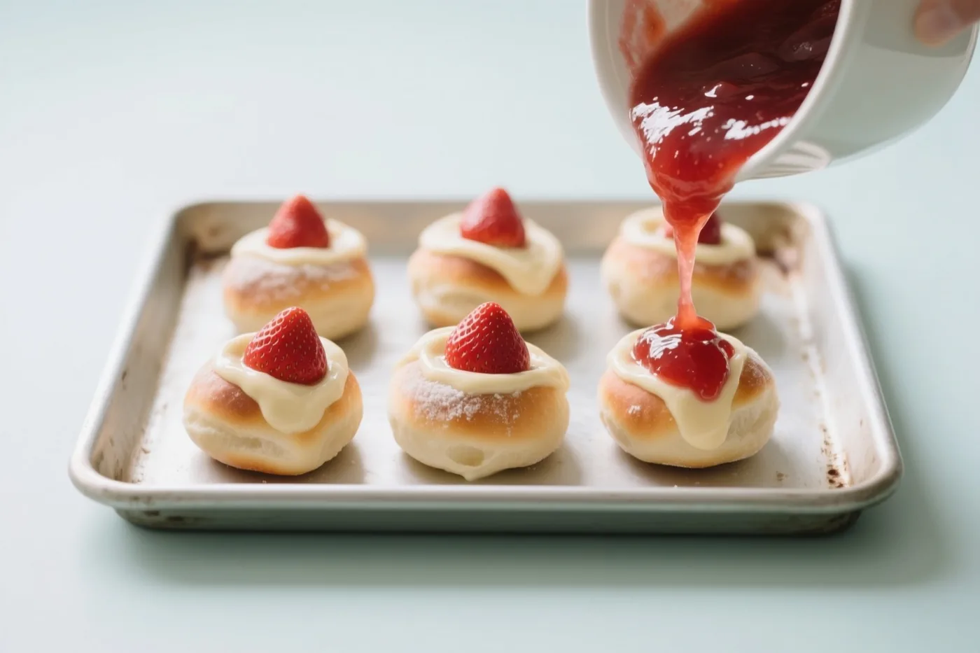 Op een schaal liggen kleine ronde gebakjes met room en een aardbei, waarover aardbeienconfituur uit een witte kom wordt gegoten tegen een lichtblauwe achtergrond.