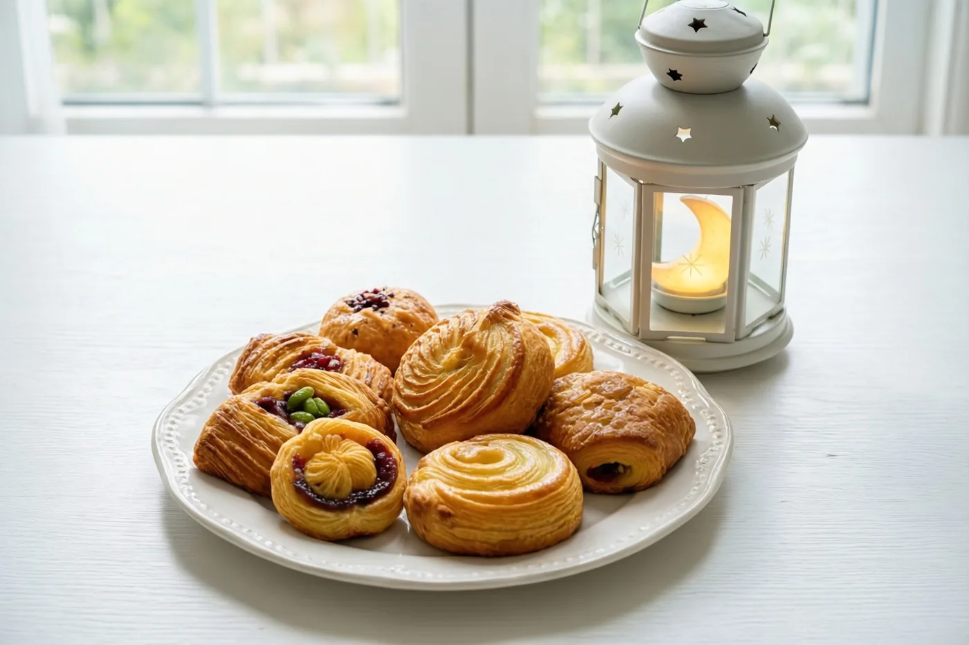 Goudbruine gebakjes liggen op een wit bord naast een witte lantaarn met een lichtgevende maansikkel, op een witte tafel bij een raam.