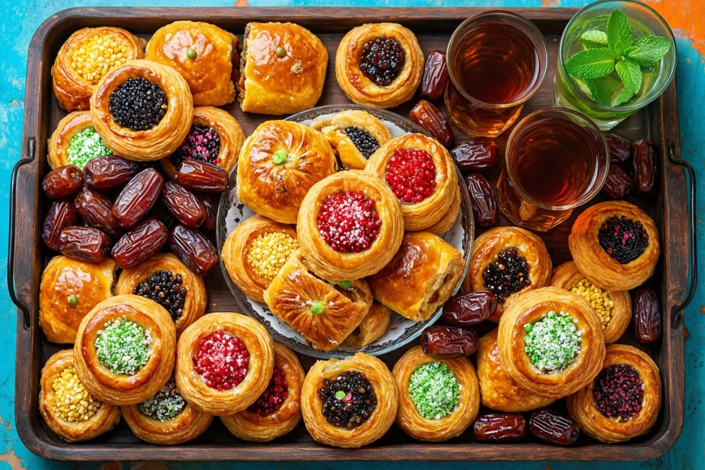 Een houten dienblad met goudbruine gebakjes met kleurrijke vullingen staat tussen dadels en glazen muntthee tegen een felblauwe achtergrond.