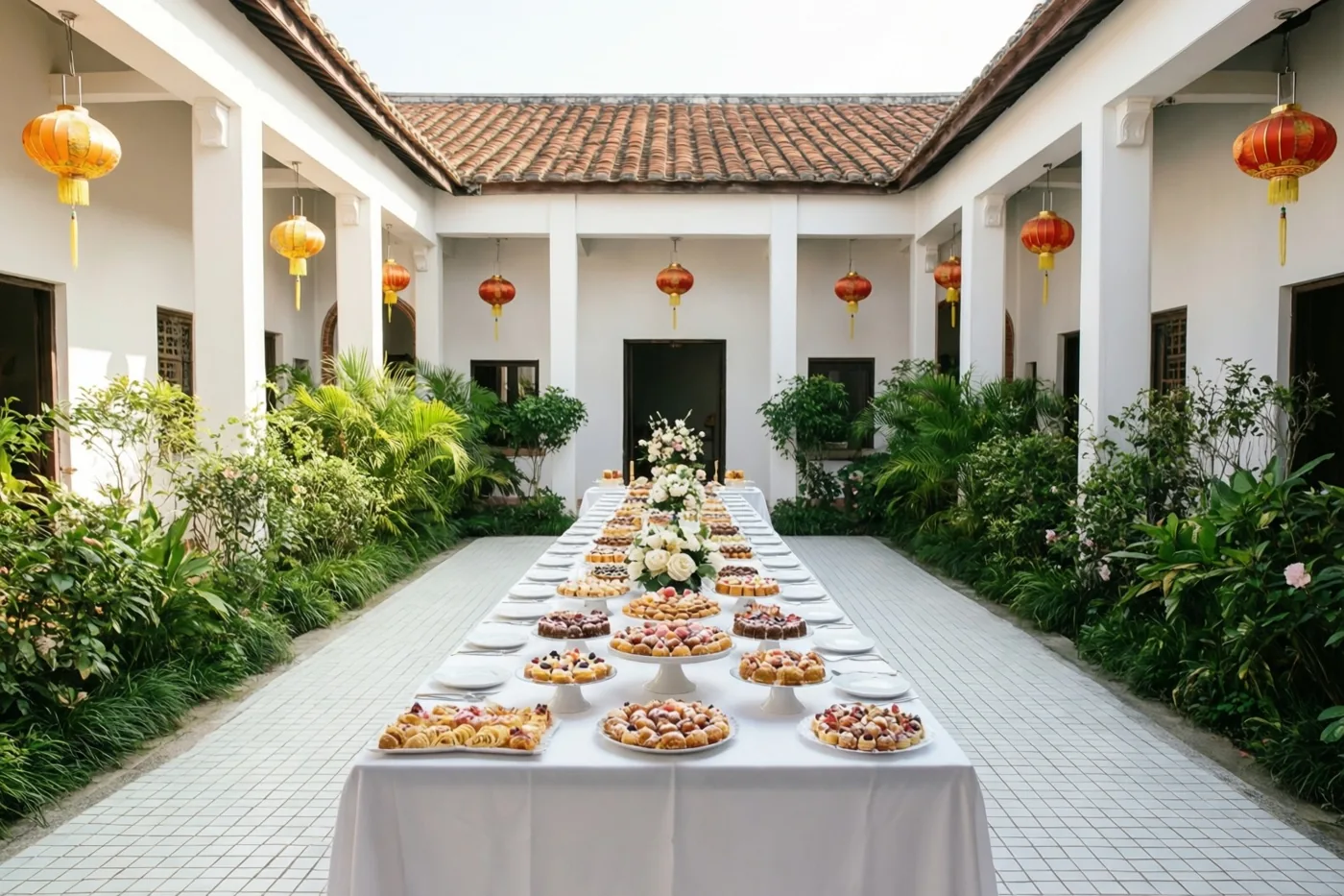 Een lange tafel met een wit kleed, gebak en zoetigheden staat op een betegelde binnenplaats met witte muren, zuilen, groene planten en rode en oranje lantaarns onder een terracotta pannendak.