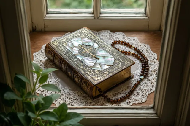 Een oud gebedenboek met een parelmoeren kaft en een houten rozenkrans liggen op een wit kanten kleedje op een houten vensterbank in zacht daglicht.