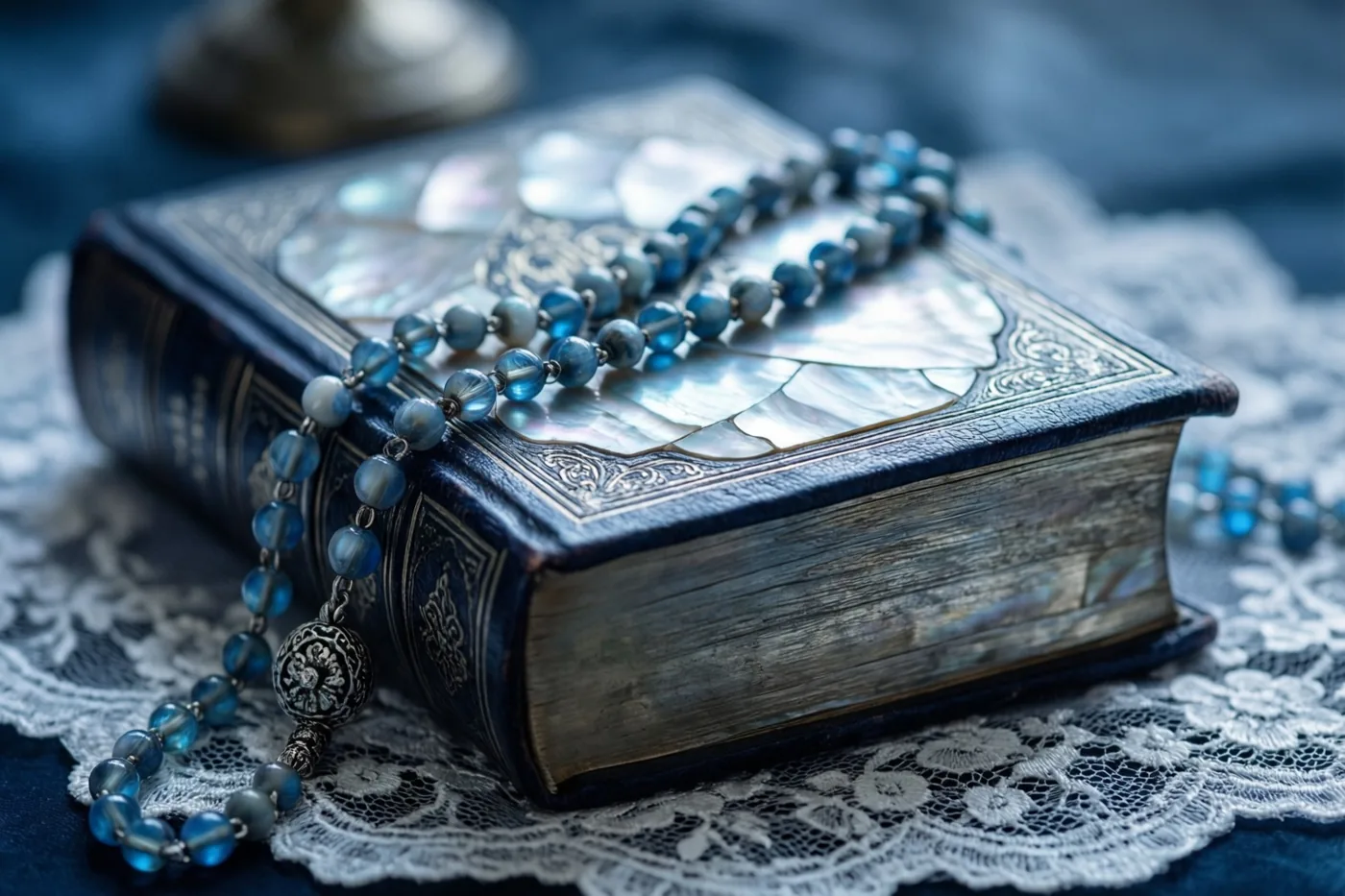 Een oud gebedenboek met een parelmoeren kaft en een blauwe rozenkrans liggen op een wit kanten kleedje tegen een donkerblauwe achtergrond in zacht licht.