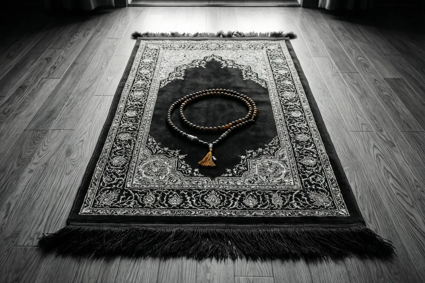 Een gebedskleed met fijne patronen en een snoer gebedskralen ligt op een houten vloer in het ochtendlicht uit een deuropening, in een monochroom beeld met warme tinten op de kralen.