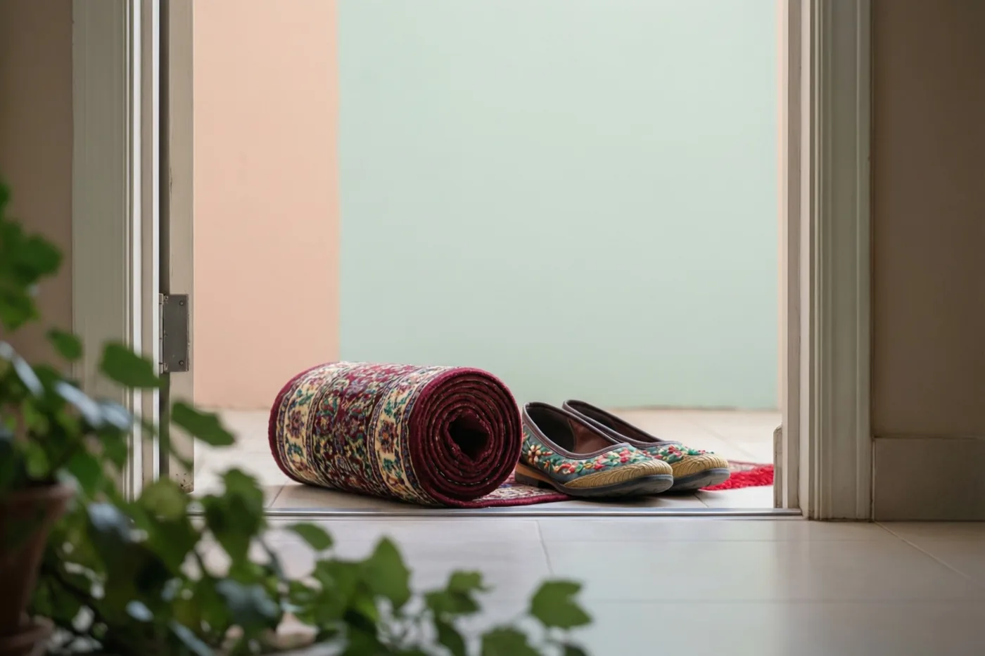 Een opgerold gebedskleed en geborduurde schoenen liggen op een tegelvloer bij een witte deurpost, tussen perzikkleurige en mintgroene muren.