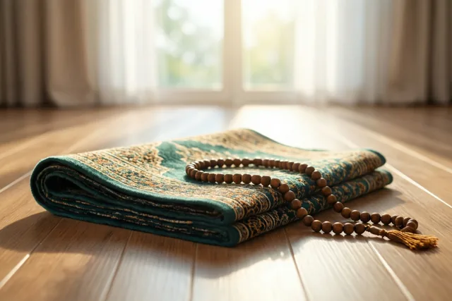 Een opgevouwen gebedskleed met fijne patronen in blauwgroen en goud ligt met houten gebedskralen op een lichte houten vloer in de ochtendzon uit een raam.