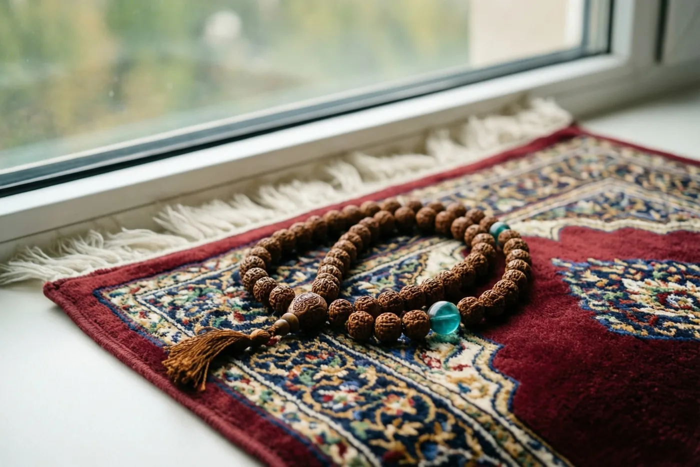 Een snoer houten gebedskralen met een kwastje en turquoise kralen ligt op een rood gebedskleed met patronen bij een raam in zacht daglicht.