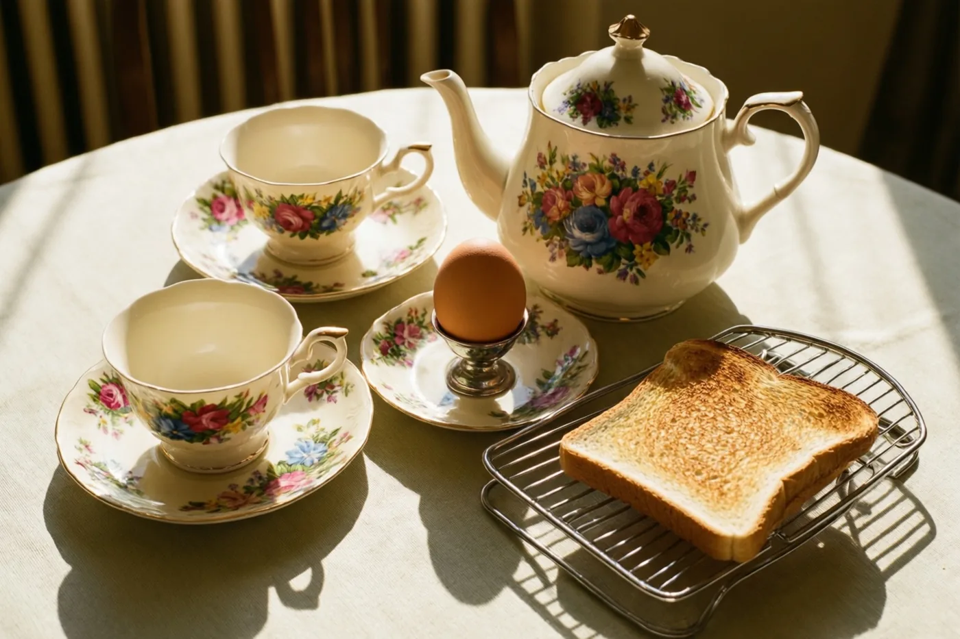 Een theepot en twee kopjes met schoteltjes met een retro bloemenpatroon staan naast een gekookt ei in een eierdopje en toast op een metalen rekje in warm zonlicht.