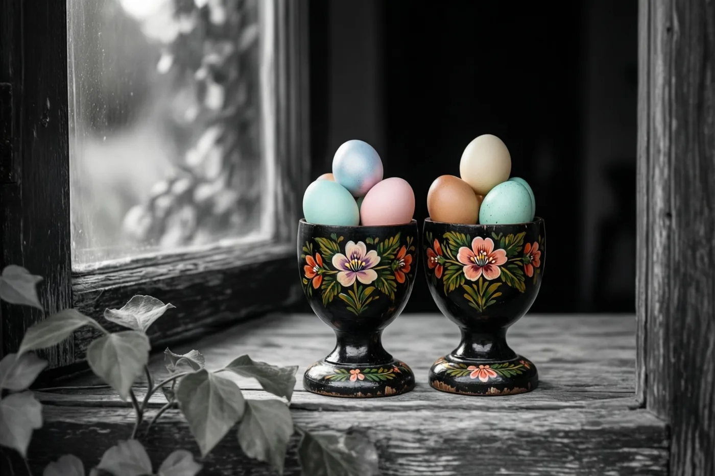 Twee handbeschilderde houten eierdopjes met bloemmotieven en pastelkleurige eieren staan op een verweerde houten vensterbank bij een raam met een onscherp buitenzicht.