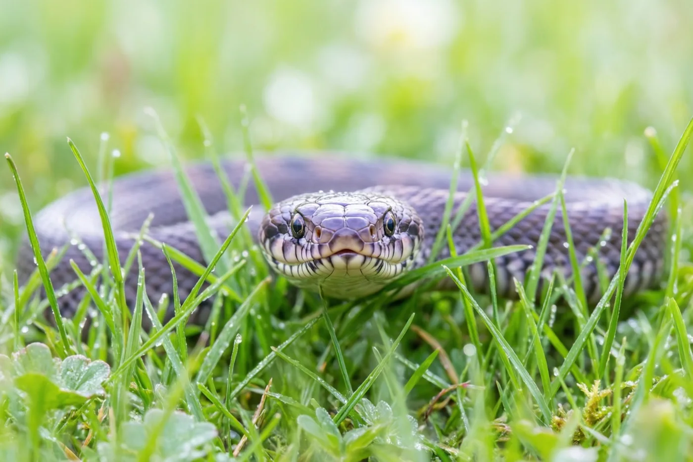Een slangenkop met paars-grijs geblokte schubben komt tevoorschijn tussen felgroen gras met dauwdruppels.