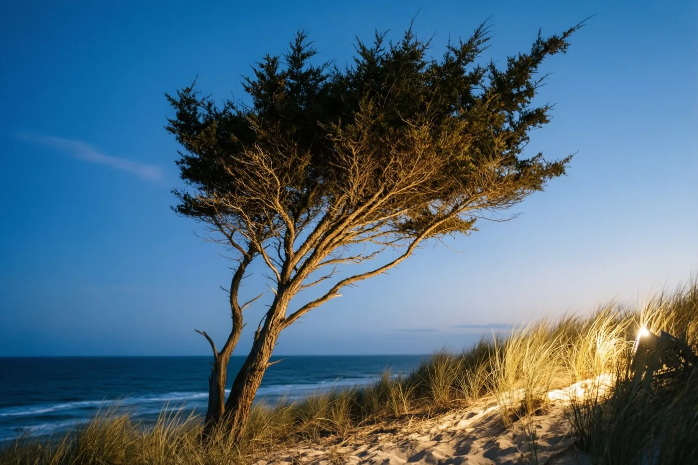 Een door de wind gebogen boom staat op een zandduin boven de zee, in warm goudkleurig licht onder een heldere blauwe hemel.