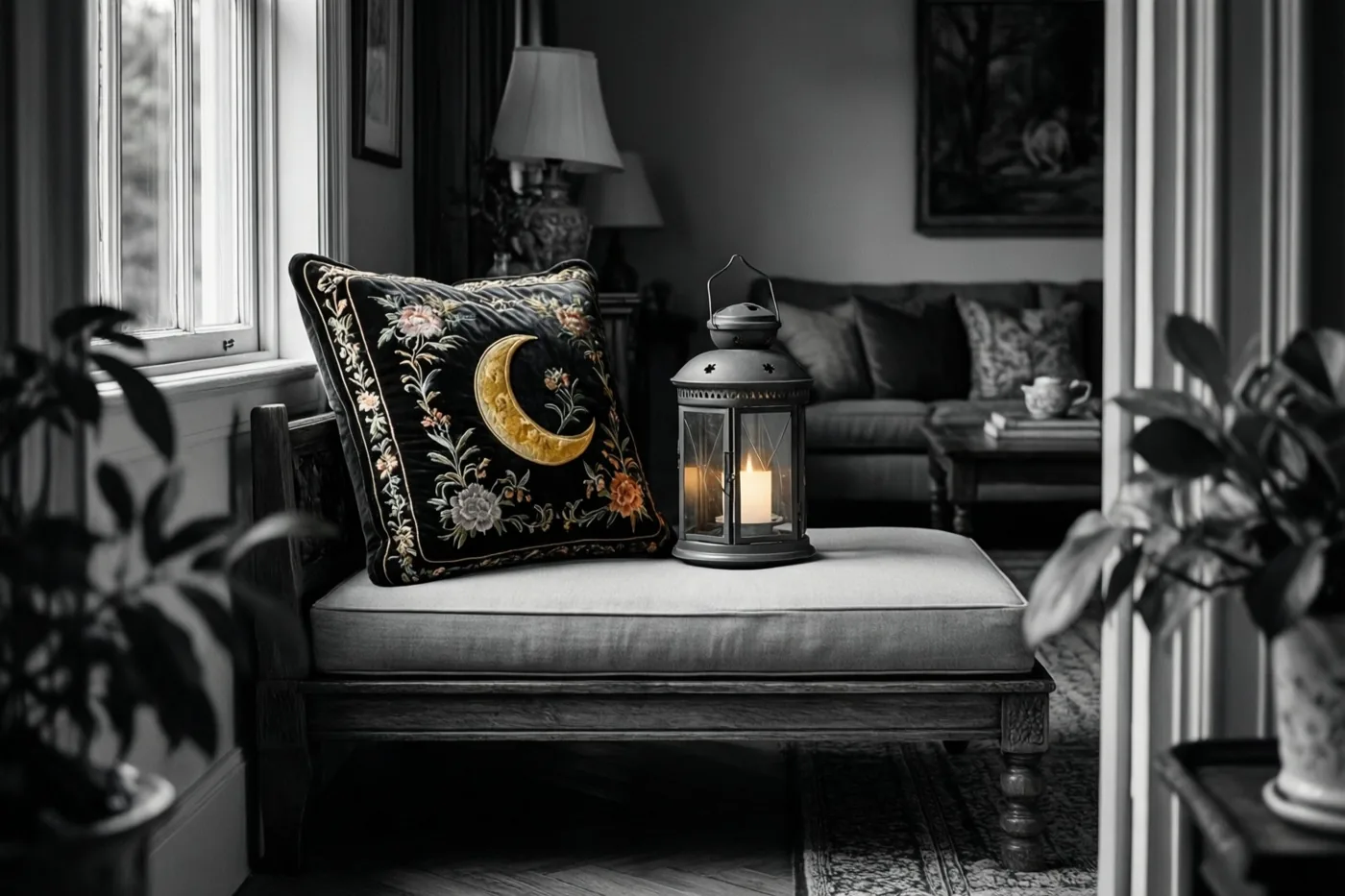Een laag houten bankje met een geborduurd fluwelen kussen met maansikkel en een brandende lantaarn staat in een rustig monochroom interieur met een raam en ingelijste kunst op de achtergrond.