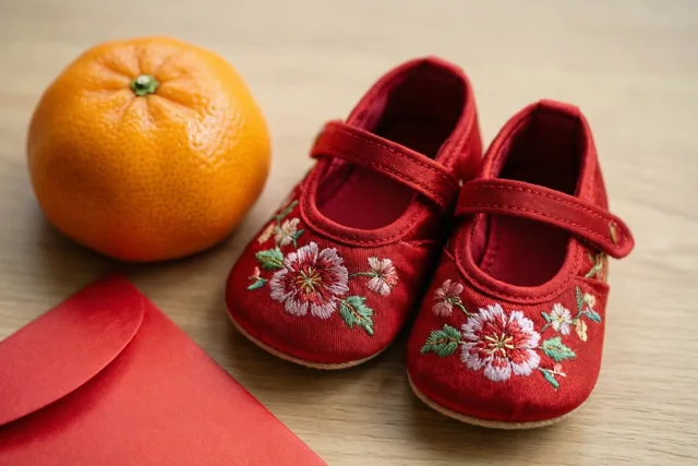 Een paar kleine rode zijden babyschoentjes met geborduurde bloemen staat op een houten ondergrond naast een mandarijn en een rode envelop.