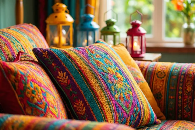Fel geborduurde kussens in oranje, blauwgroen en magenta liggen op een zetel, met brandende kleurrijke lantaarns bij een raam op de achtergrond.