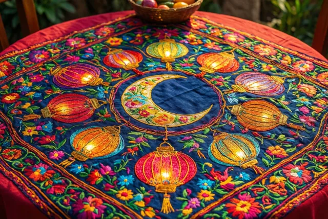 Een ronde tafel staat buiten met een rijk geborduurd kleed waarop lichtgevende lantaarns, een centrale maansikkel en kleurrijke bloemen te zien zijn.