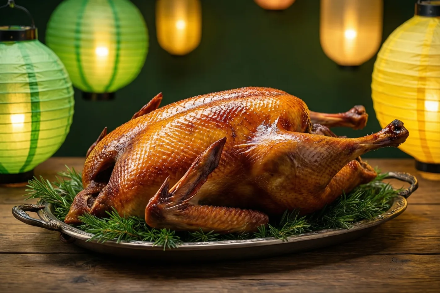 Een goudbruin gebraden gans ligt op een zilveren schaal met groene dennentakjes op een houten tafel, verlicht door groene en gele papieren lantaarns tegen een donkergroene achtergrond.
