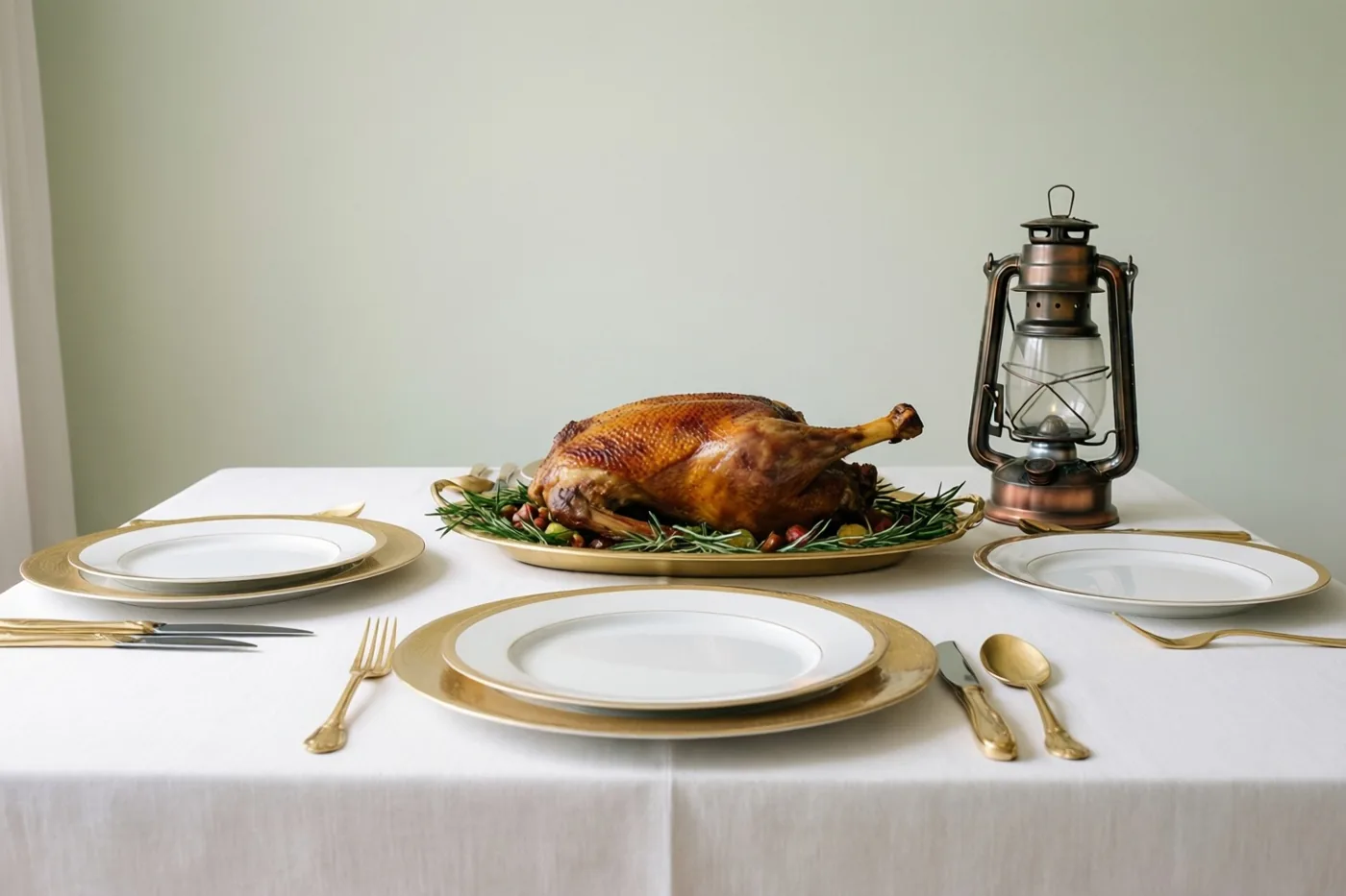 Een gedekte tafel met wit linnen, borden met een gouden rand en een schaal met een gebraden vogel wordt verlicht door een messing lantaarn tegen een effen lichtgroene muur.