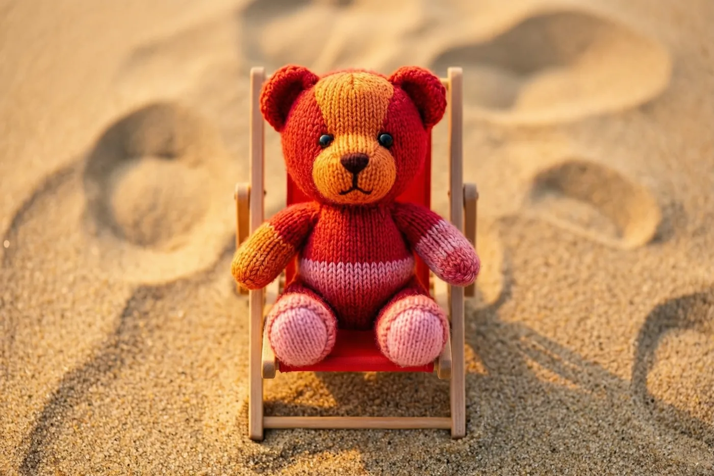 Een klein gebreid beertje van rood, oranje en roze garen zit in een houten miniatuurstrandstoel op zand in zacht goudkleurig licht.