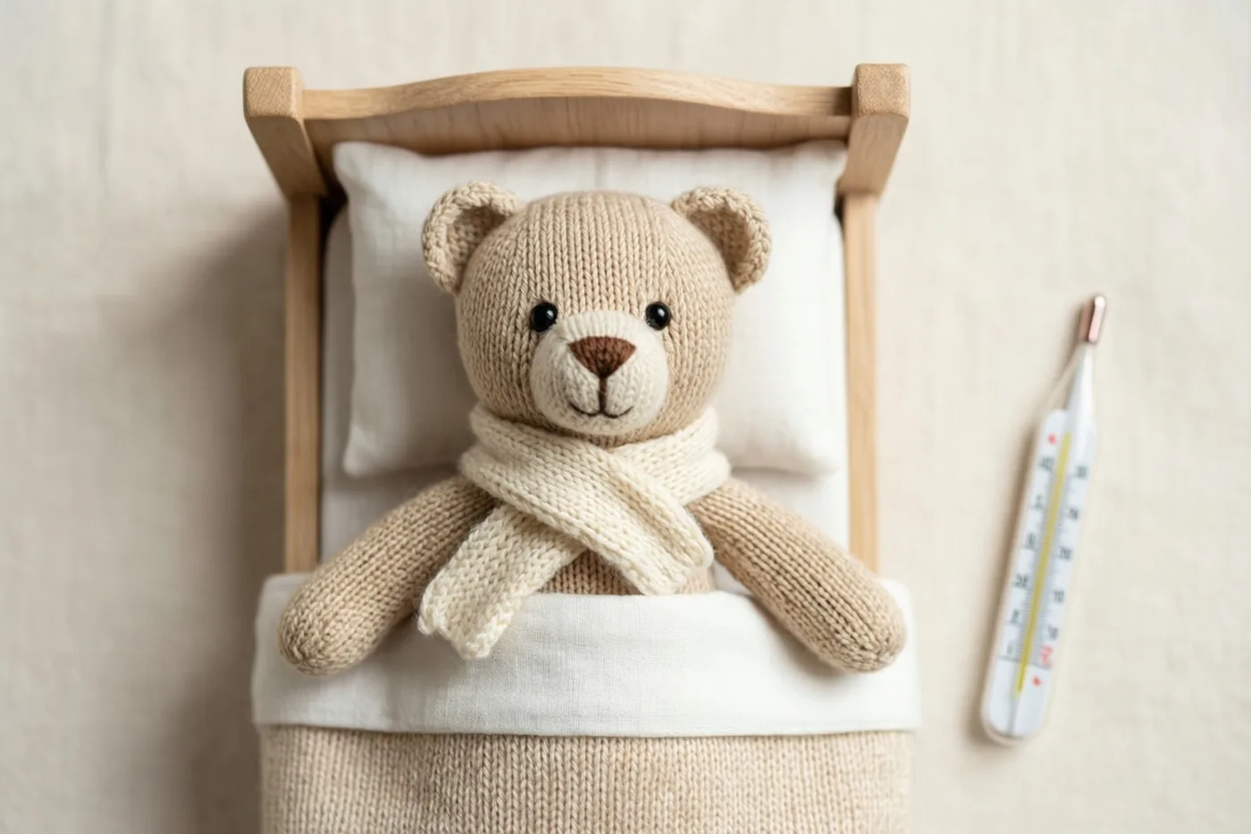 Een gebreid beertje met een sjaal ligt toegedekt in een klein houten bed met wit beddengoed, met een thermometer ernaast tegen een beige achtergrond.