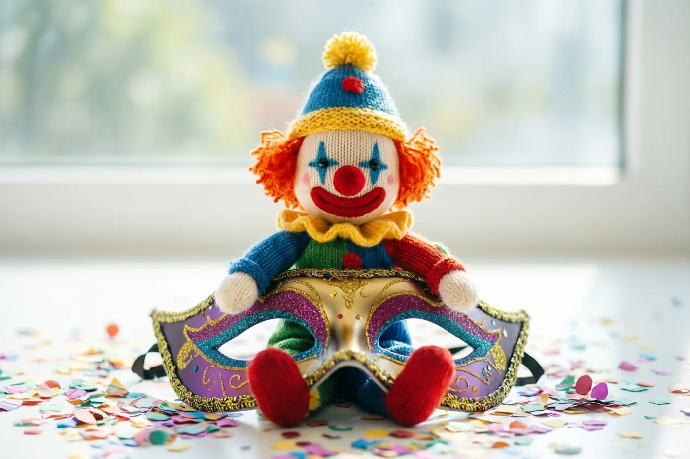 Een klein gebreid clownspopje met pomponmuts zit binnen bij een raam op een glinsterend carnavalsmasker, omringd door kleurrijke confetti.