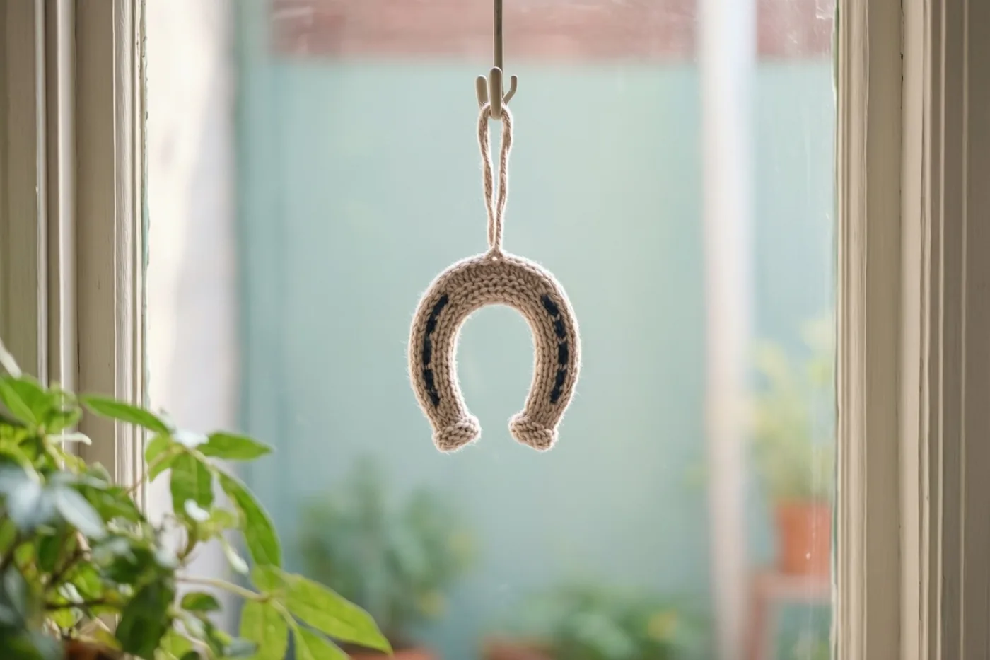 Een gebreid hoefijzertje hangt aan een haakje op een raamkozijn, met onscherp groen buiten en een potplant op de voorgrond.