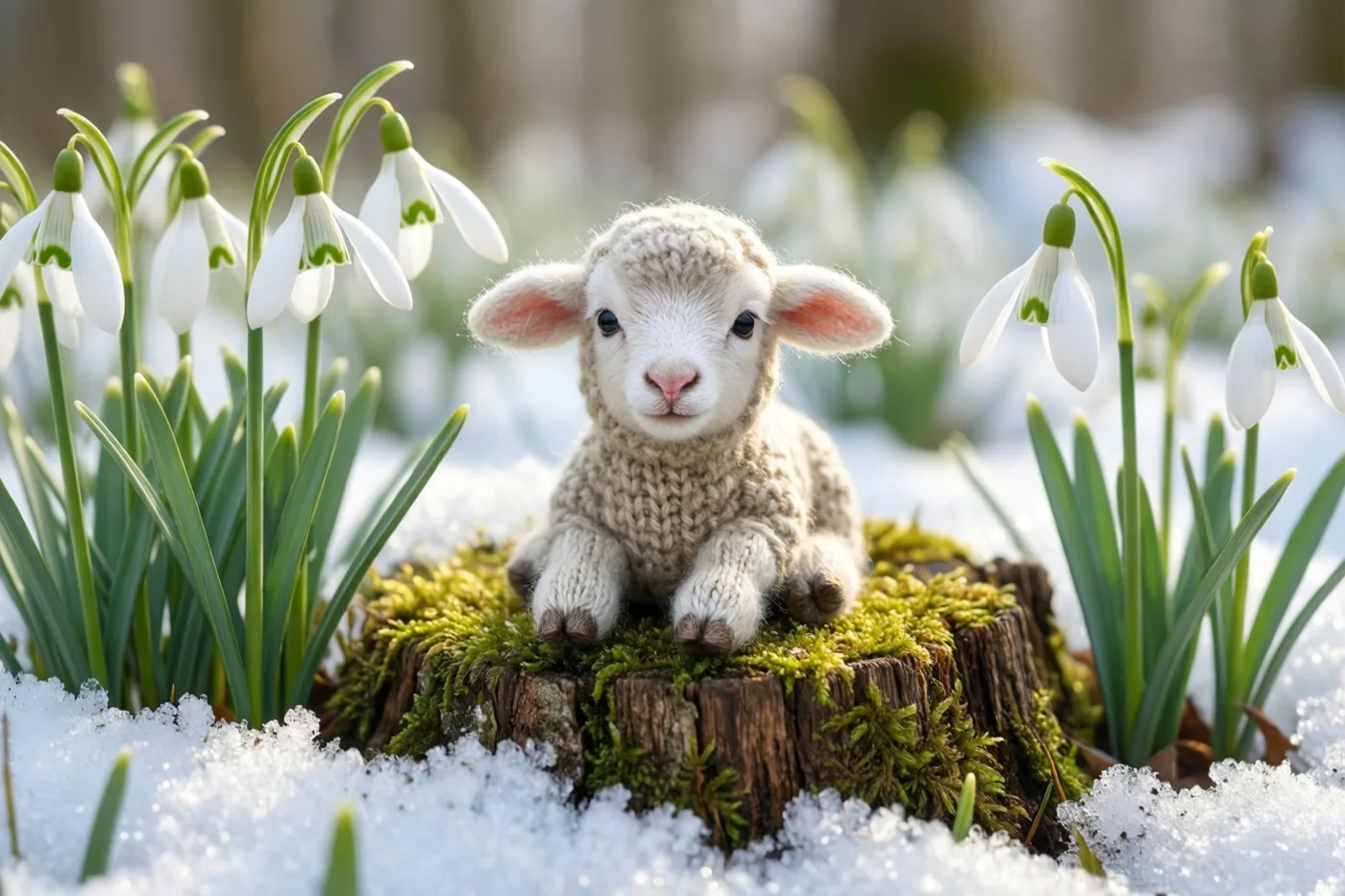 Een klein gebreid lammetje zit op een bemoste boomstronk tussen witte sneeuwklokjes en groene scheuten in de sneeuw.