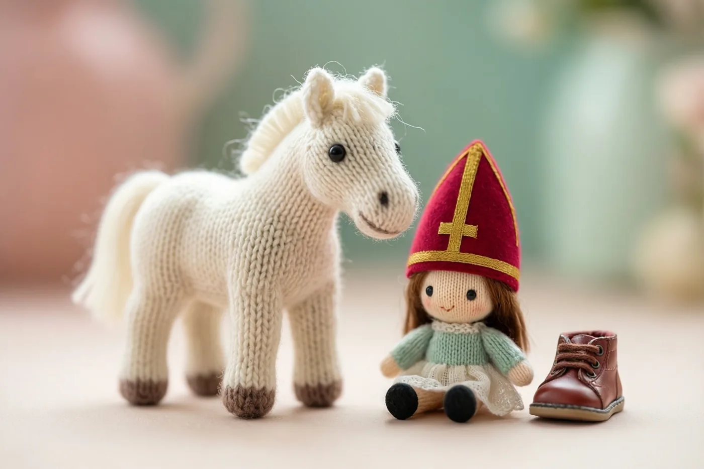 Een gebreid wit paard staat op een zachte ondergrond naast een popje met een rode mijter en een piepklein bruin schoentje, tegen een wazige pastelkleurige achtergrond.