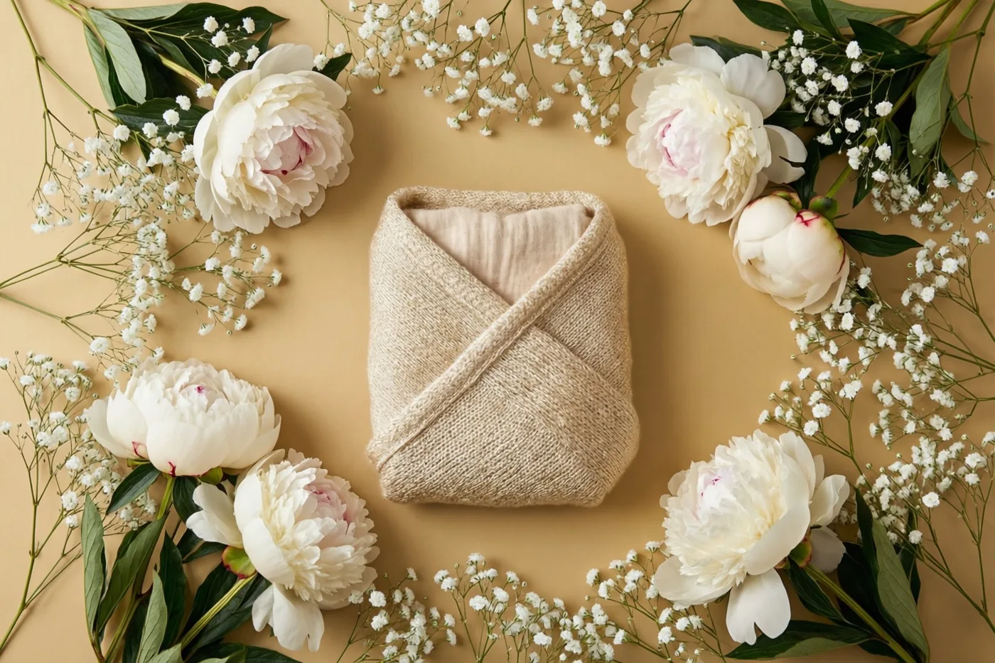 Een beige gebreide babydeken ligt op een beige ondergrond, omringd door witte pioenen en gipskruid.