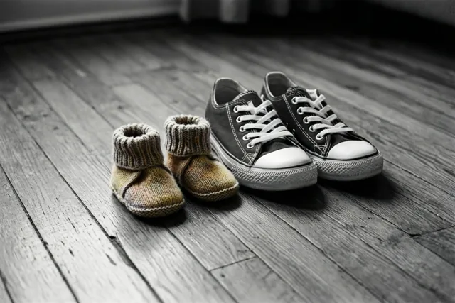 Kleine gebreide babyschoentjes in warme aardetinten staan naast sneakers voor volwassenen op een houten vloer tegen een verder monochrome achtergrond.