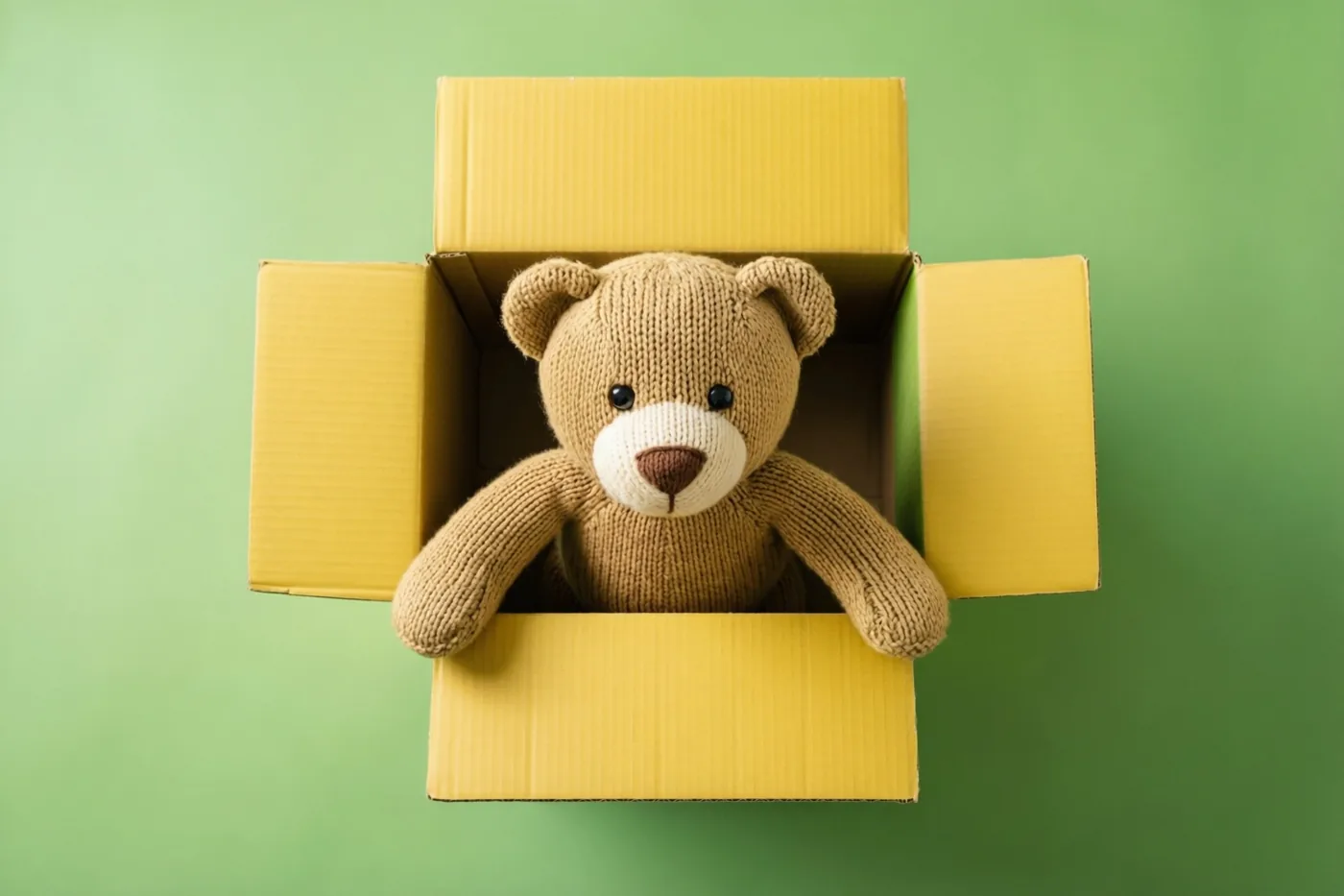 Een gebreide teddybeer kijkt uit een open gele kartonnen doos tegen een effen groene achtergrond.