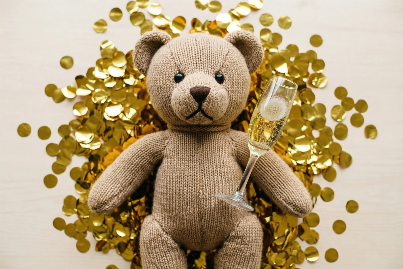Een gebreide teddybeer zit rechtop met een miniatuurchampagneglas op een licht houten ondergrond waarop gouden confetti ligt.