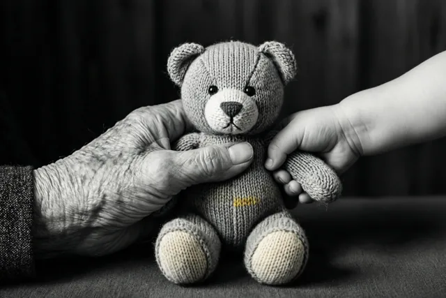 Een hand van een oudere persoon en een peuterhand houden een gebreide teddybeer vast tegen een donkere achtergrond, in zwart-wit met één geel detail op de borst van de beer.
