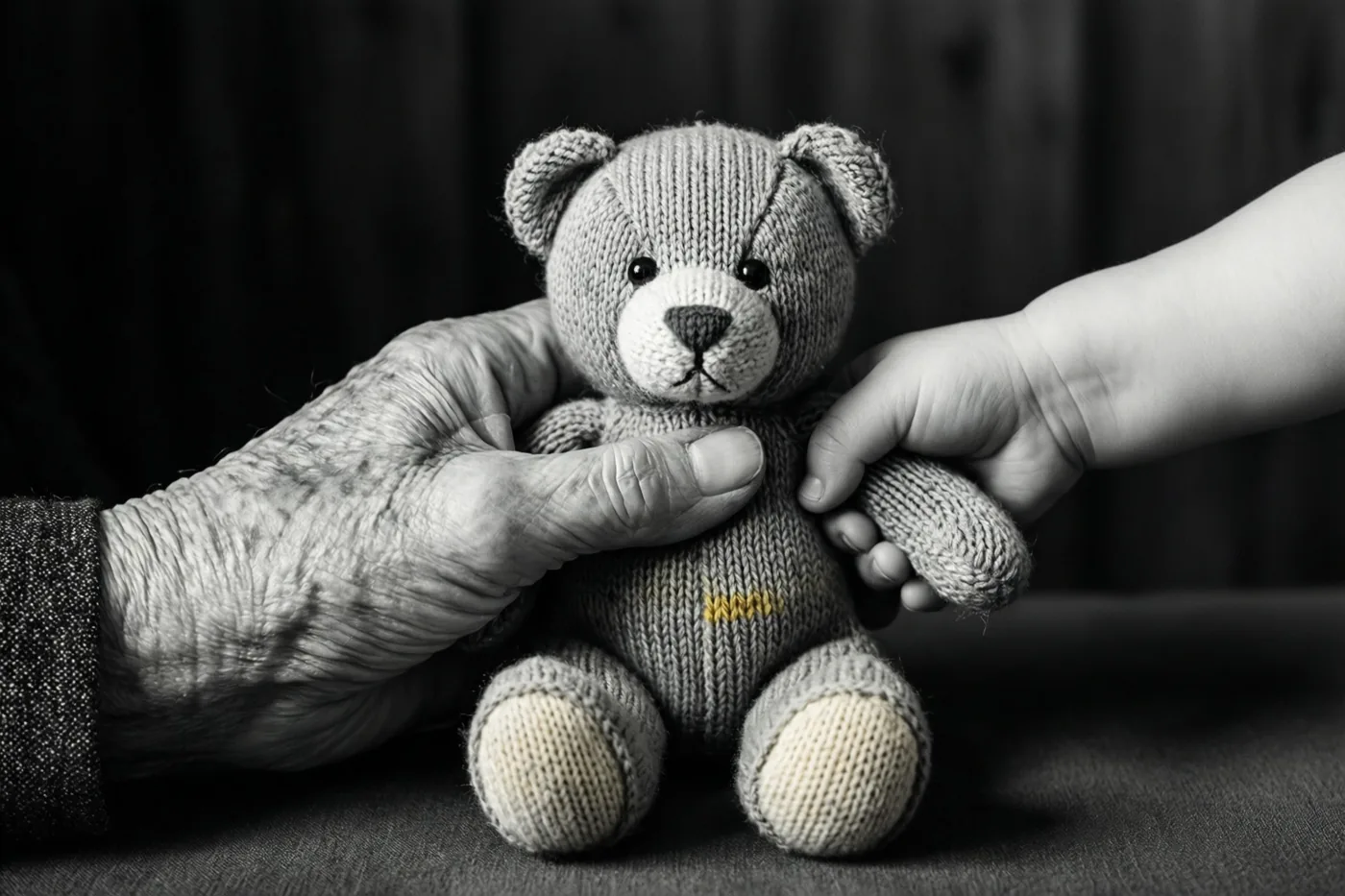 Een hand van een oudere persoon en een peuterhand houden een gebreide teddybeer vast tegen een donkere achtergrond, in zwart-wit met één geel detail op de borst van de beer.
