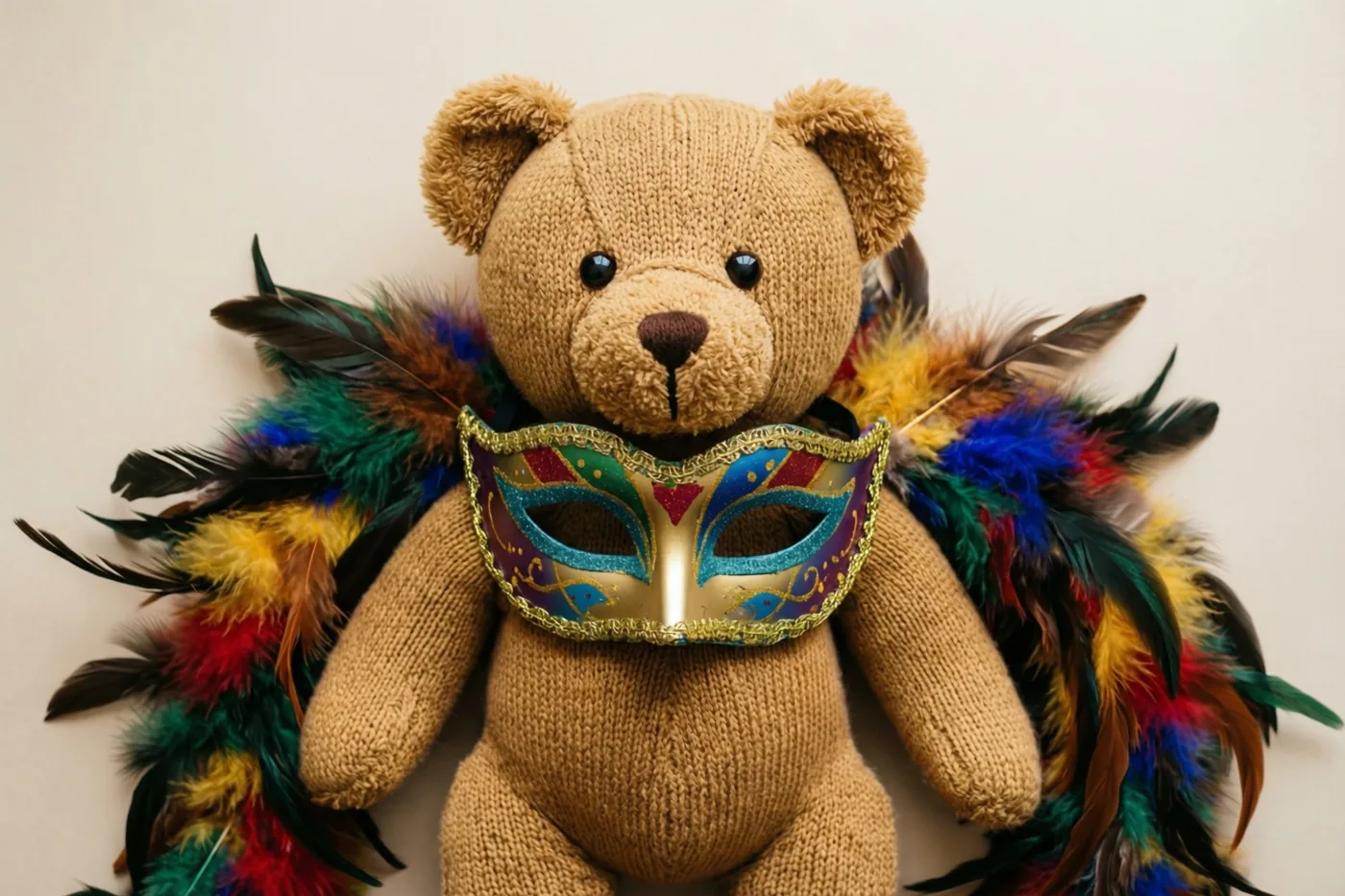 Een gebreide teddybeer draagt een kleurrijk carnavalsmasker en een veelkleurige verenboa tegen een effen achtergrond.